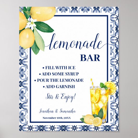 Poster Lemonade Bar Blue Mediterranean Lemons Sign (Devant)