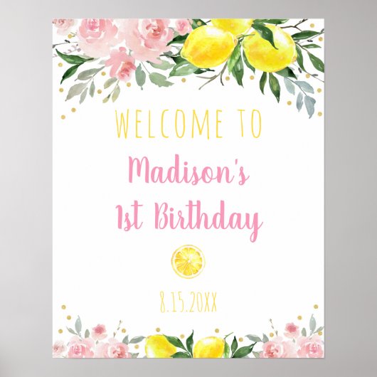Poster Lemonade Pink Floral Birthday Welcome (Devant)