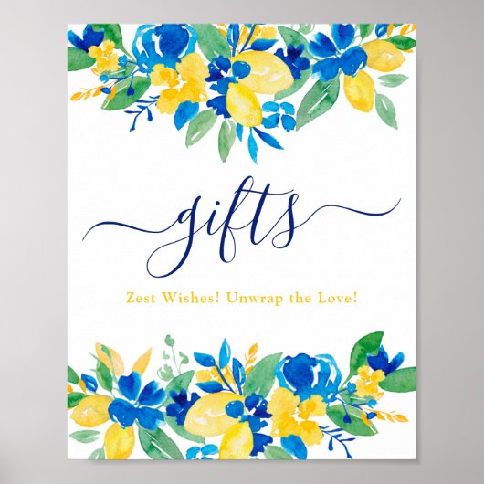 Poster Lémons bleu jaune cadeaux floraux douche nuptiale (Devant)