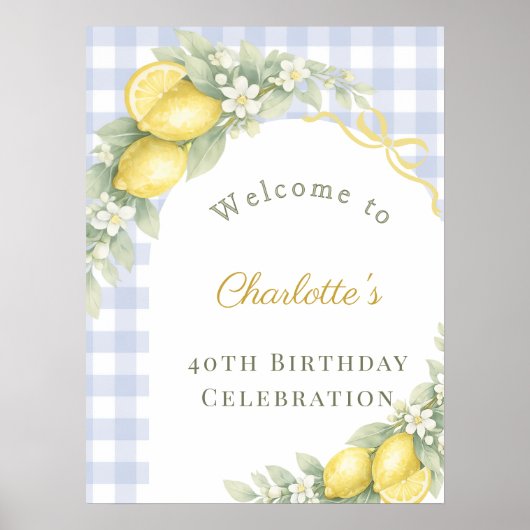 Poster Lemons blue gingham bow garden birthday welcome (Devant)