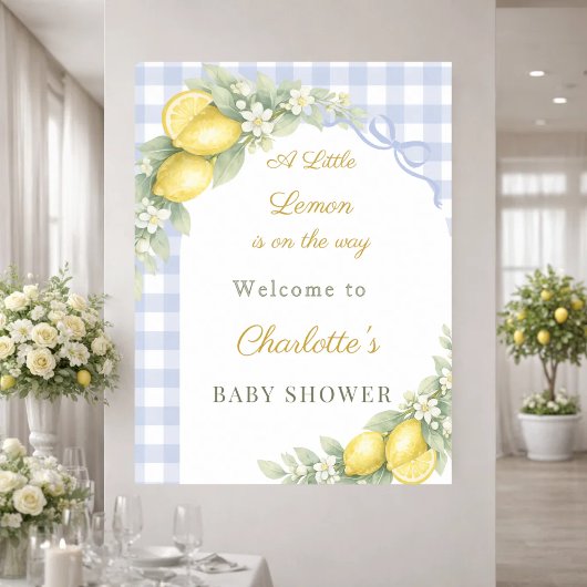 Poster Lemons gingham blue bow boy welcome Baby Shower