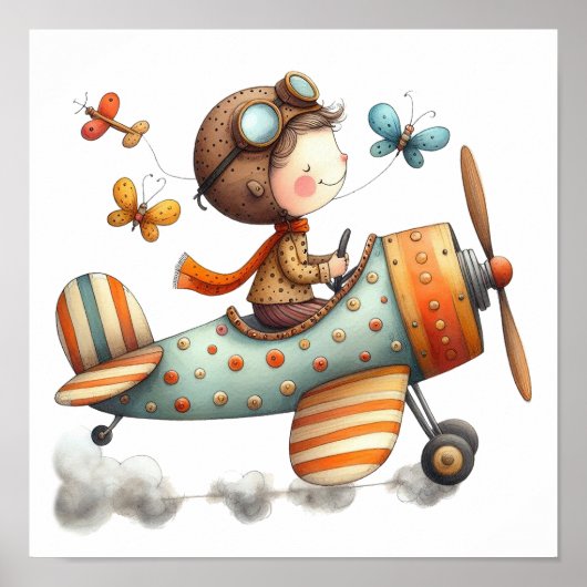 Poster L'Enfant de Whimsical Flying Old Airplane (Devant)