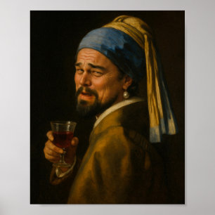 Poster Leo avec une oreille perle - Vermeer Art Meme Paro