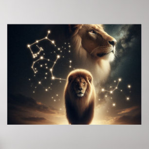 Poster Leo Zodiac Art - Lion majestueux et Constellation.
