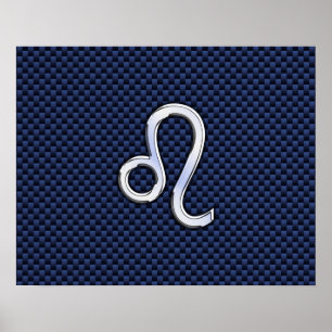 Poster Léo Zodiac Sign on Navy Blue Carbon Fiber Print