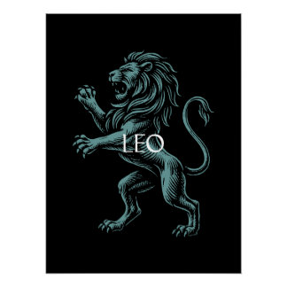 Poster Leo Zodiac – Vintage Lion in Teal on Black