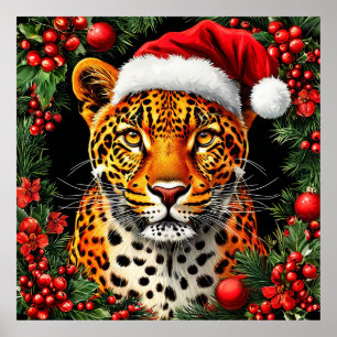 Poster Léopard de fête portant un chapeau de Père Noël