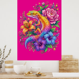 Poster Léopard Gecko Coloré Fleurs Arc-en-ciel Mignon
