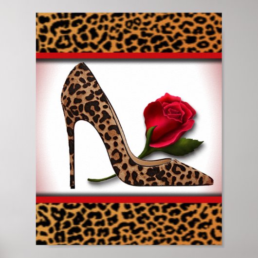 Poster Leopard haut talon et rose rouge (Devant)