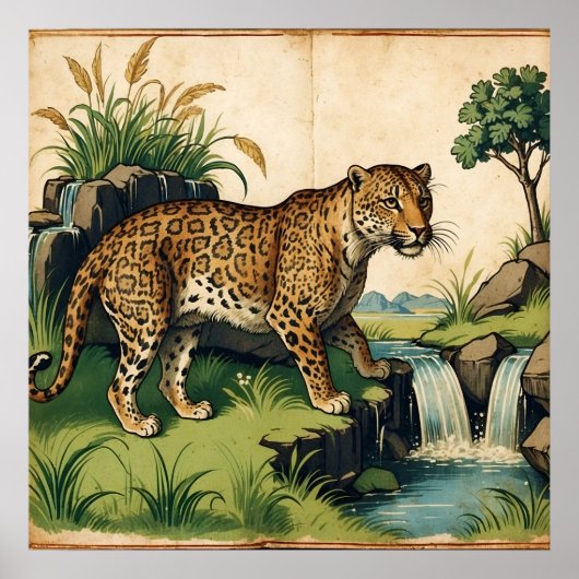 Poster Leopard médiéval avec cascade Nature Art (Devant)