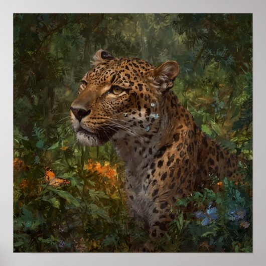 Poster Léopard peint avec des papillons dans la nature (Devant)