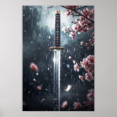 Poster L'épée de Katana avec des fleurs de Sakura dans la (Devant)