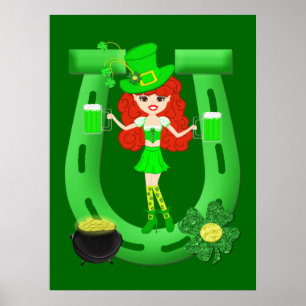 Poster Leprechaun fille à tête rouge de St Pat's Day