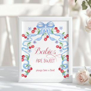 Poster Les bébés sont Baby shower Cerise Bleu Bow doux