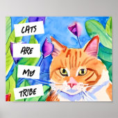 Poster Les chats sont ma tribu | Chat orange et fleurs (Devant)