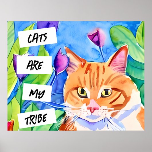 Poster Les chats sont ma tribu | Chat orange et fleurs (Devant)