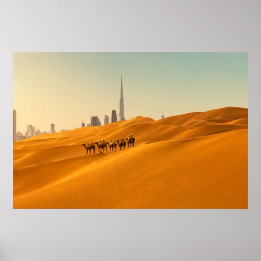 Poster Les déserts | Vue Skyline de Dubaï avec chameaux (Devant)