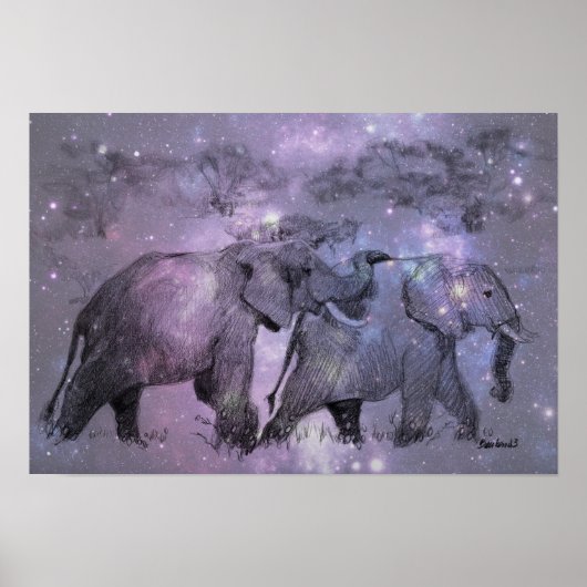 Poster Les éléphants en hiver en marche au clair de lune (Devant)