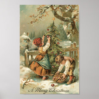 Poster Les enfants décorent l'arbre de Noël à l'extérieur