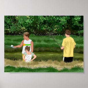 Poster Les enfants pêchent dans l'étang local