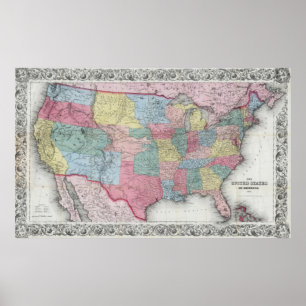 Poster Les Etats-Unis vintages tracent (1853)