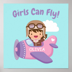 Poster Les filles peuvent voler Aviatrice mignonne Avion
