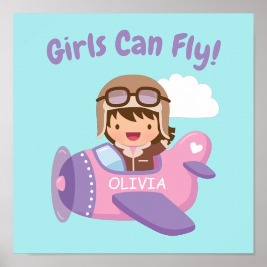 Poster Les filles peuvent voler Aviatrice mignonne Avion (Devant)