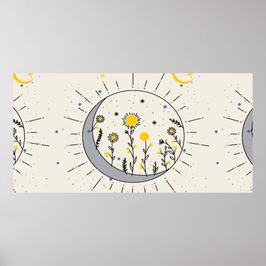 Poster Les fleurs planent le soleil et la lune graphisme (Devant)