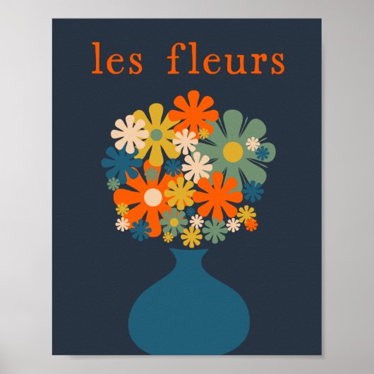 Poster Les Fleurs Retro Flowers en Vase Blue Orange (Devant)