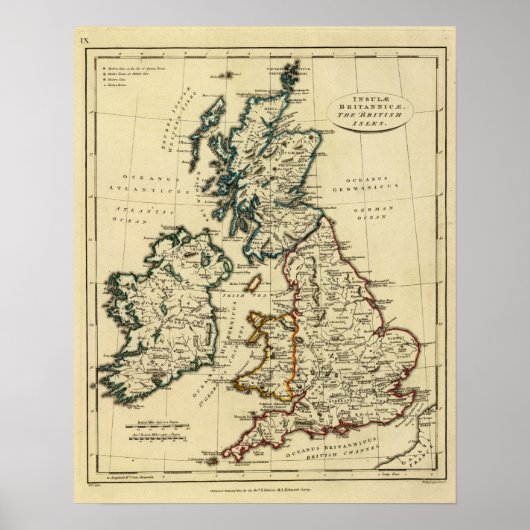 Poster Les îles britanniques avec leurs frontières (Devant)