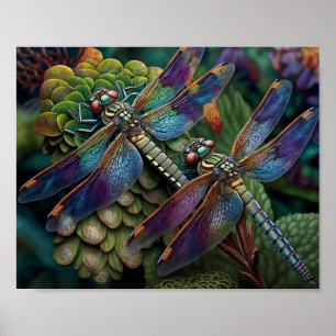 Poster Les libellules dans un jardin coloré