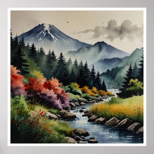 Poster Les Montagnes Japonaises Aquarelle Mur Art