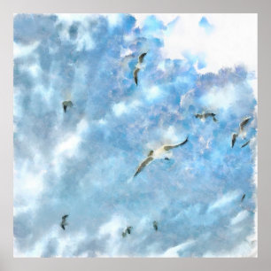 Poster Les Mouettes De Casers Dans L'Aquarelle Cerulean D