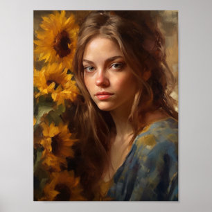 Poster Les tournesols et une femme blonde