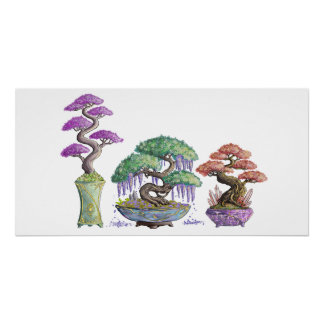 Poster Les trois vases bonzaïs couleurs.