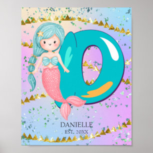 Poster Letter D Monogram Watercolor Cute Mermaid Nursery