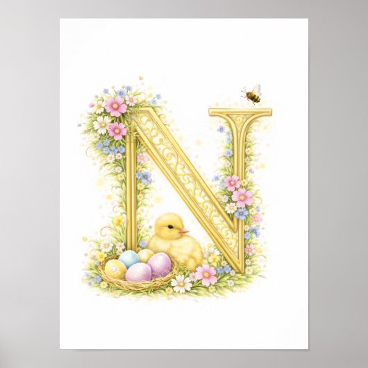 Poster Letter N Gold Spring Nature Monogram Duckling Kids (Devant)
