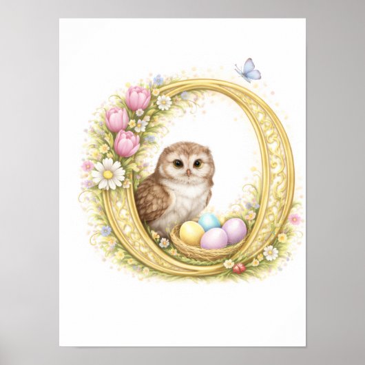 Poster Letter O Gold Spring Nature Monogram Owl Kids (Devant)