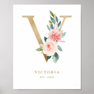 Poster Letter V Blush Floral Monogram Gold Foil Nursery