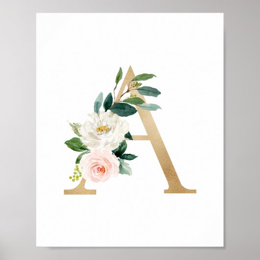 Poster Lettre A Blush Floral Monogramme Faux Gold Foil (Devant)