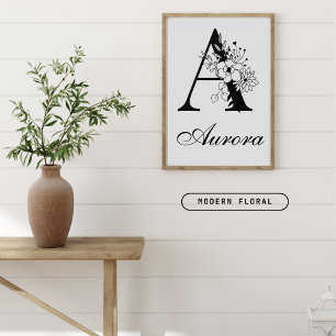 Poster Lettre A Floral Moderne Noir Monogram Nursery