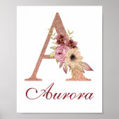 Poster Lettre A Floral Rose Gold Monogram Nursery (Devant)