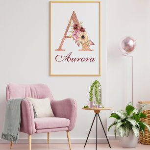 Poster Lettre A Floral Rose Gold Monogram Nursery