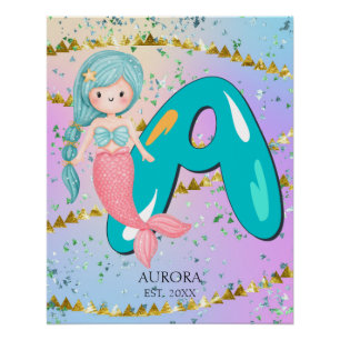 Poster Lettre A Monogramme Aquarelle mignonne Sirène