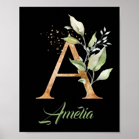 Poster Lettre A monogramme feuillage eucalyptus or noir (Devant)