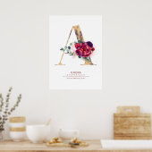 Poster Lettre A Monogramme Floral Bourgogne Rouge et or (Cuisine)