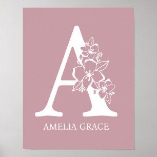 Poster Lettre A Monogramme Floral Nom Nurserie Moderne