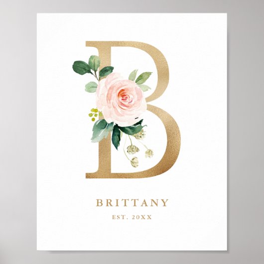 Poster Lettre B Blush Floral Monogram Gold Foil Nursery (Devant)