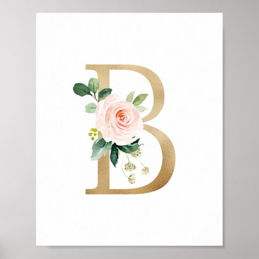 Poster Lettre B Blush Floral Monogramme Faux Gold Foil (Devant)