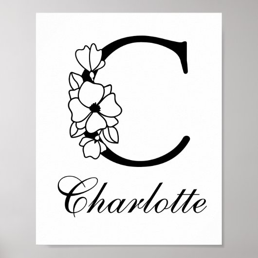 Poster Lettre C Floral Moderne Noir Monogram Nursery (Devant)